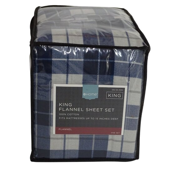 4 pc Target Home King Size Flannel Sheet Set Cotton Blue Plaid Bedding NEW - Picture 1 of 7